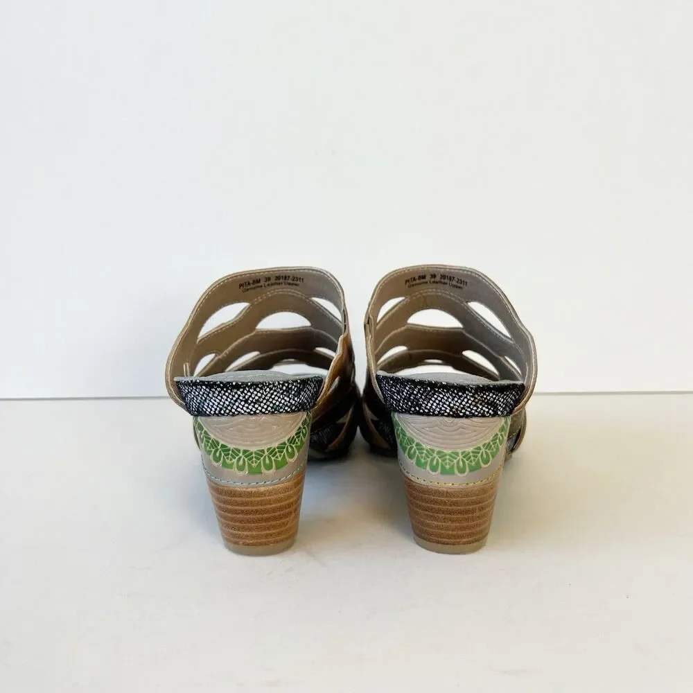 L’Artiste By Springstep Pita Leather Sandals Slip On Artsy Black Multi Sz 8.5/39 - Picture 9 of 14